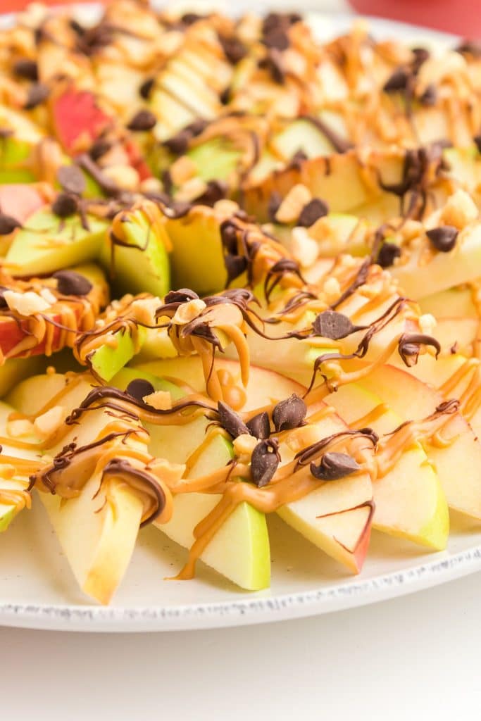 closeup of apple nachos on a platter.