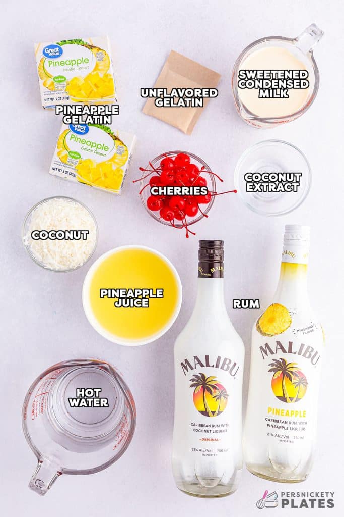 overhead shot of labeled ingredients laid out to make malibu rum jello shots.
