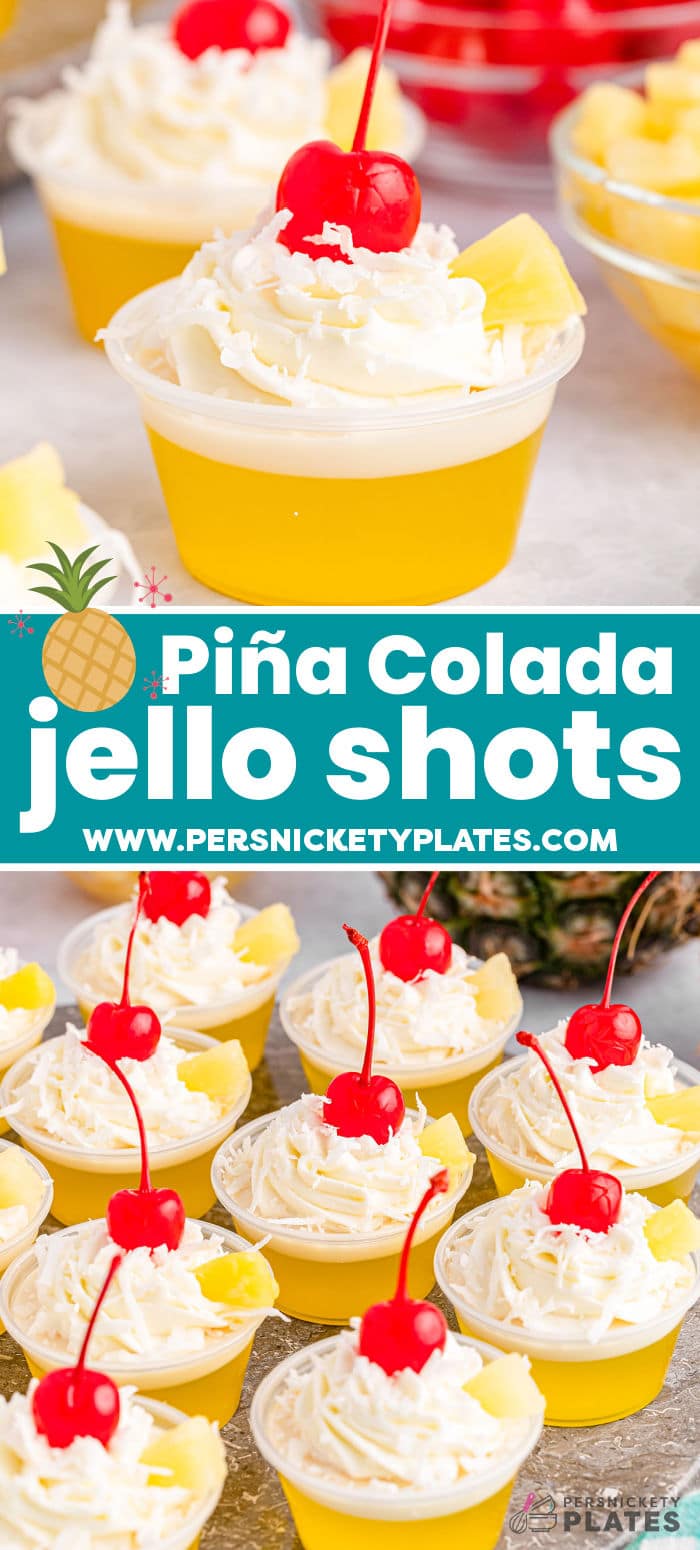 These Pina colada jello shots are a twist on everyone’s favorite beach vacation cocktail! Made with two distinct layers of yellow and white, we’re bringing pineapple flavors and coconut flavors together in one tasty treat! These fun jello shots are always a good idea when hosting any kind of party as a great way to combine a dessert and cocktail in one! | www.persnicketyplates.com