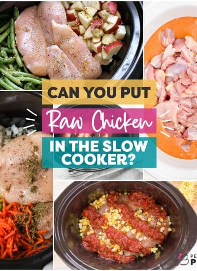 collage of crockpot chicken photos reading "can you put raw chicken in the slow cooker".
