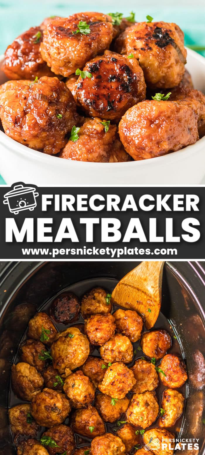 Slow cooker firecracker meatballs come together in minutes, are quickly seared, and then smothered in a sweet and spicy firecracker sauce and cooked low and slow until tender and juicy. Serve these flavorful meatballs over rice as a meal or on their own as an easy appetizer! | www.persnicketyplates.com
