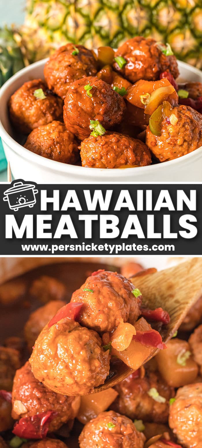 Slow cooker Hawaiian meatballs are made with frozen meatballs, canned pineapple, peppers, onions, and a sweet and tangy sauce. This dump-and-go crockpot recipe makes the perfect appetizer or a main dish that the whole family will love! | www.persnicketyplates.com