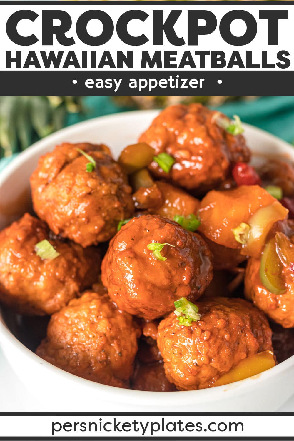 Slow cooker Hawaiian meatballs are made with frozen meatballs, canned pineapple, peppers, onions, and a sweet and tangy sauce. This dump-and-go crockpot recipe makes the perfect appetizer or a main dish that the whole family will love! | www.persnicketyplates.com