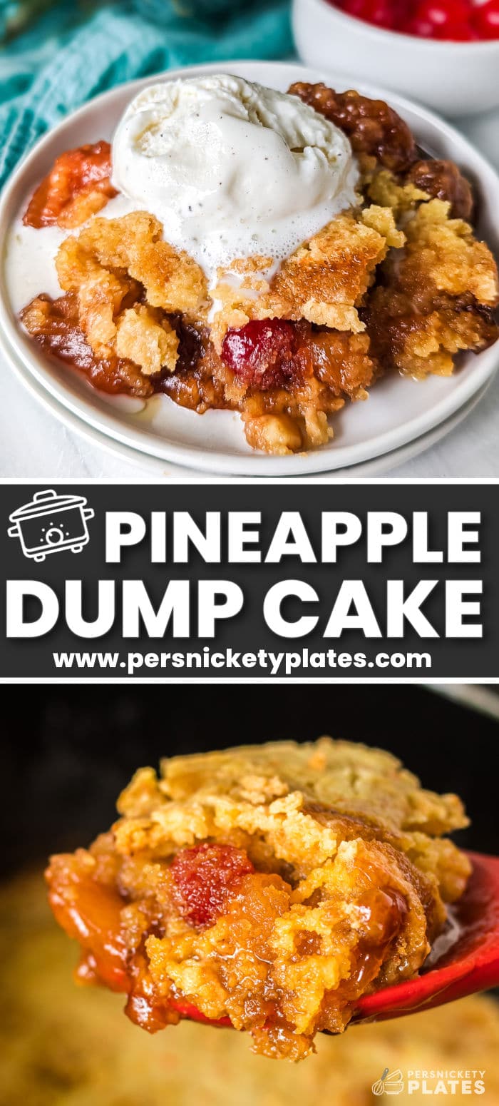 Everything that goes into this pineapple upside down dump cake is added straight to the slow cooker to do all the work! It's a fun twist on classic upside down cake, including the pineapple and cherries coated in caramelized brown sugar topped with a moist cake cooked until golden brown. Made with just 5 ingredients and very little effort, this is the easiest, most delicious summer dessert to feed your crowd! | www.persnicketyplates.com