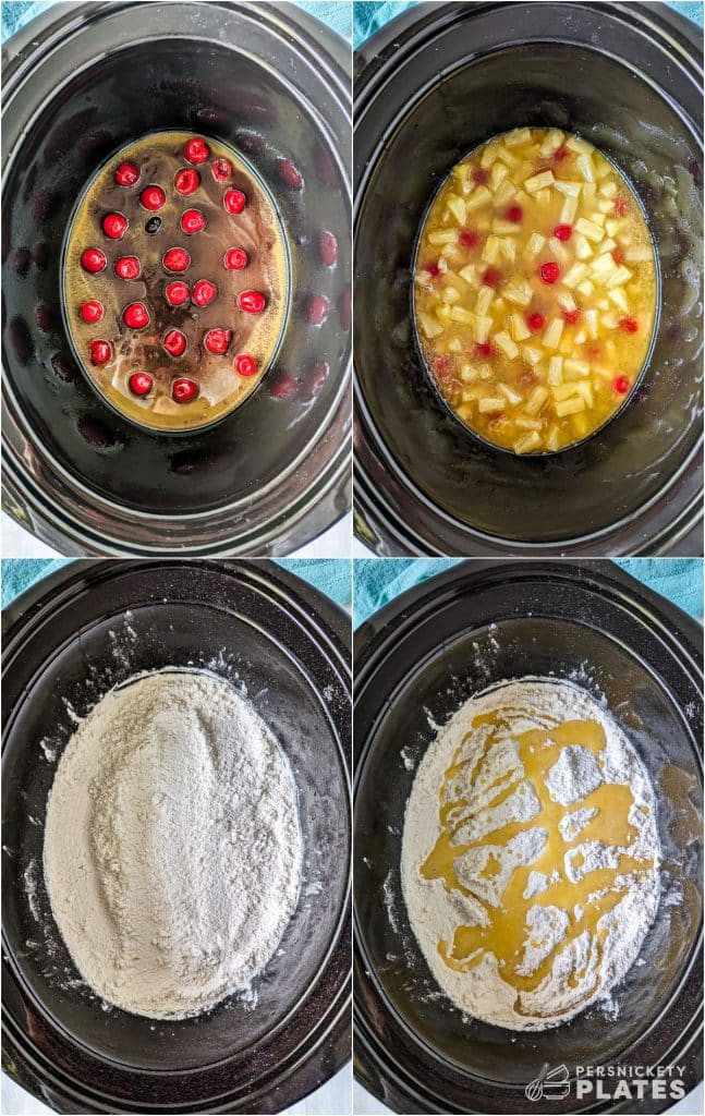collage of 4 photos showing the process of making pineapple dump cake in a crockpot.