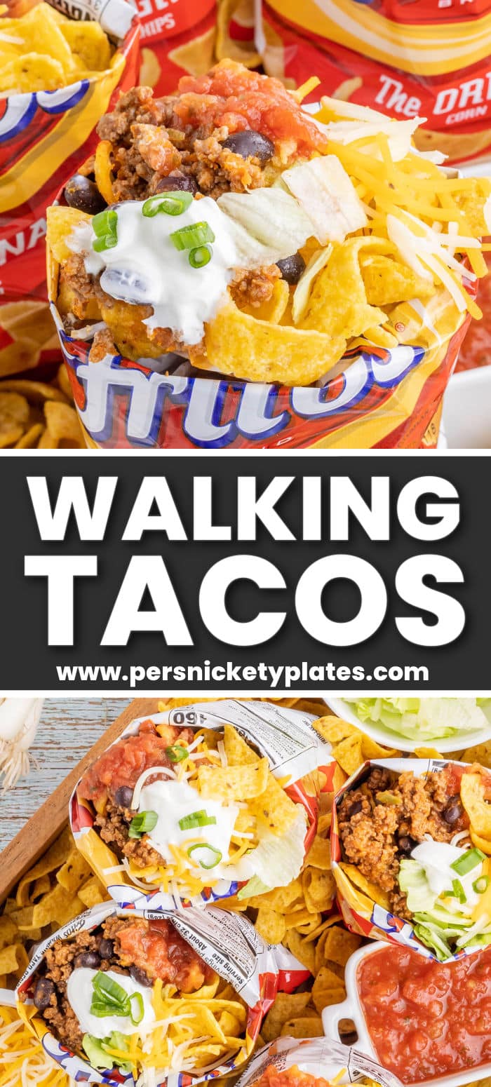 Walking tacos are a deconstructed taco in a bag! The bag acts as the shell holding the deliciously seasoned ground beef, crunchy chips, and all of your favorite toppings. It’s super fun to assemble and even more fun to eat! | www.persnicketyplates.com