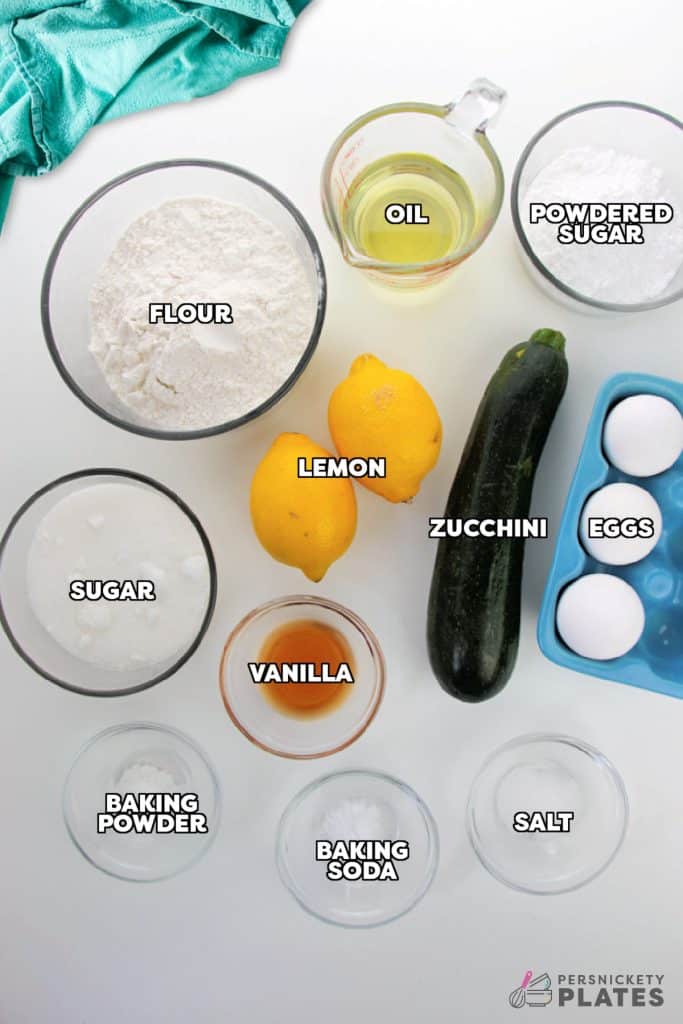 overhead shot of labeled ingredients laid out to make lemon zucchini bread.