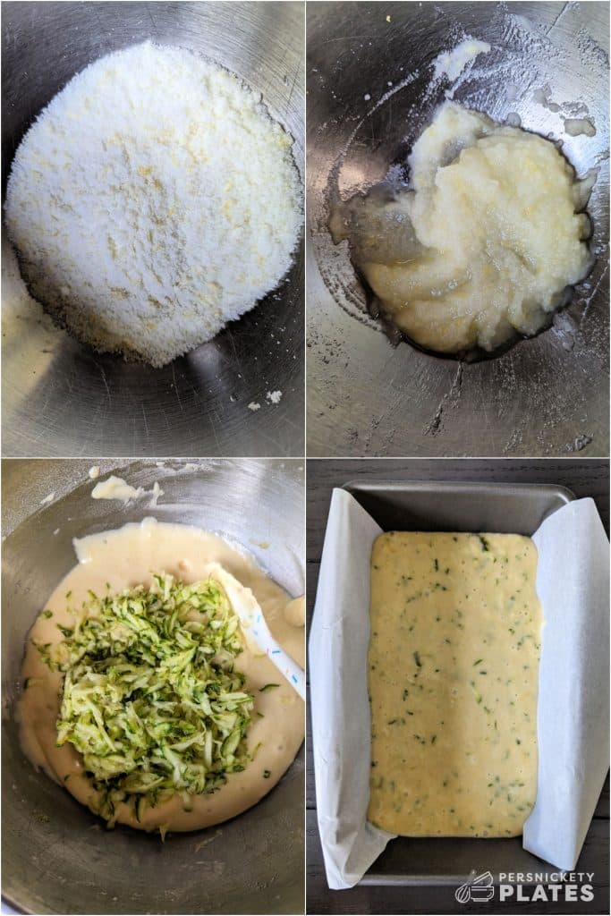 collage of 4 photos showing the process of making lemon zucchini bread.