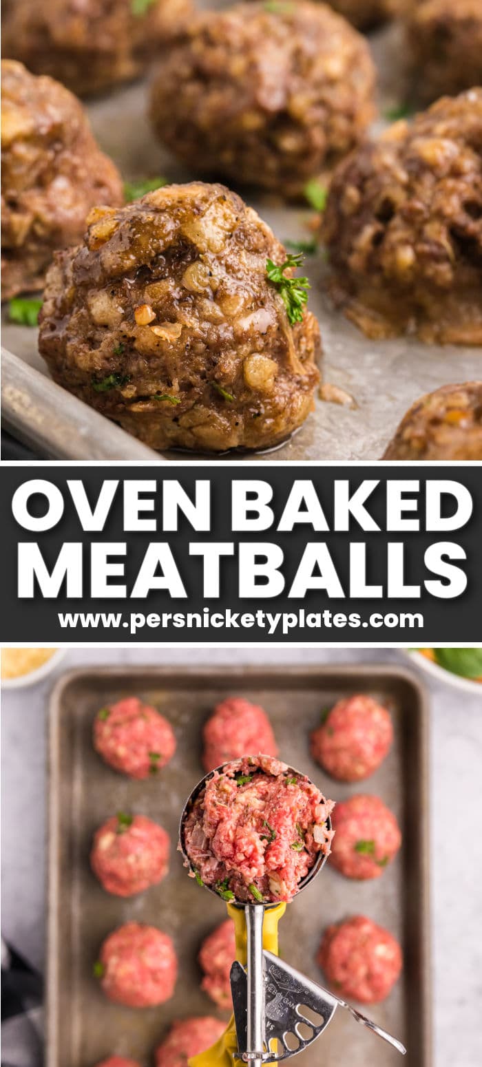 Easy Oven Baked Meatballs are juicy, tender, and super flavorful. These baked ground beef meatballs are ready in 35 minutes with no grease splatter to cleanup which makes them the perfect meal any day of the week. Serve them over pasta, as an appetizer, in a sandwich, or get ahead with your meal prep by doubling the batch and freezing some for later! | www.persnicketyplates.com