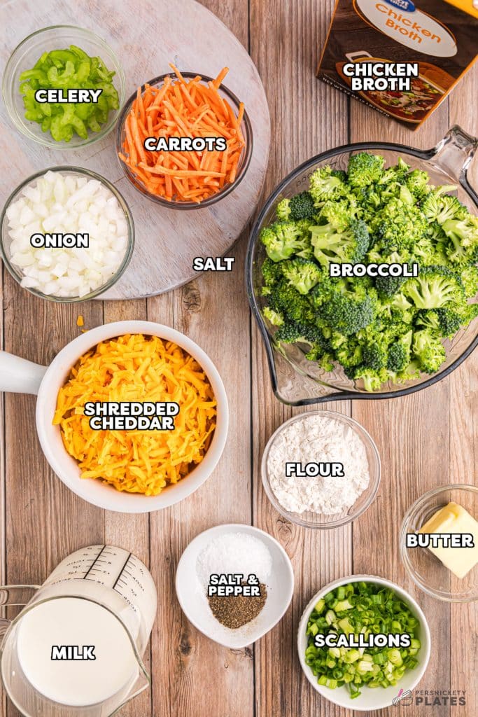 overhead shot of labeled ingredients laid out to make broccoli cheese soup.