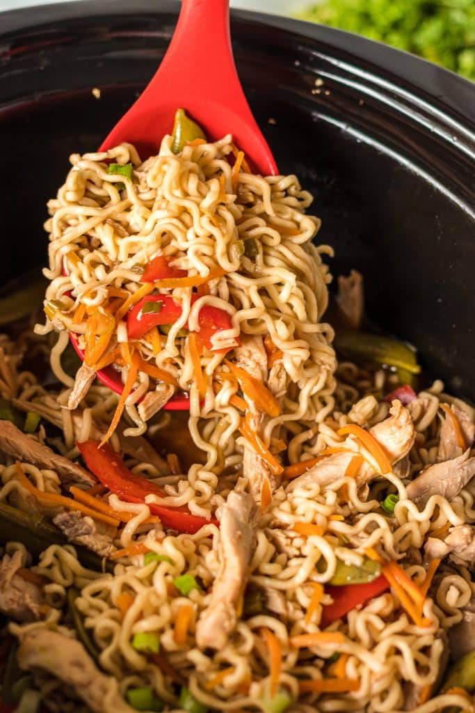 a red ladle lifting a scoop of chicken ramen from a slow cooker.