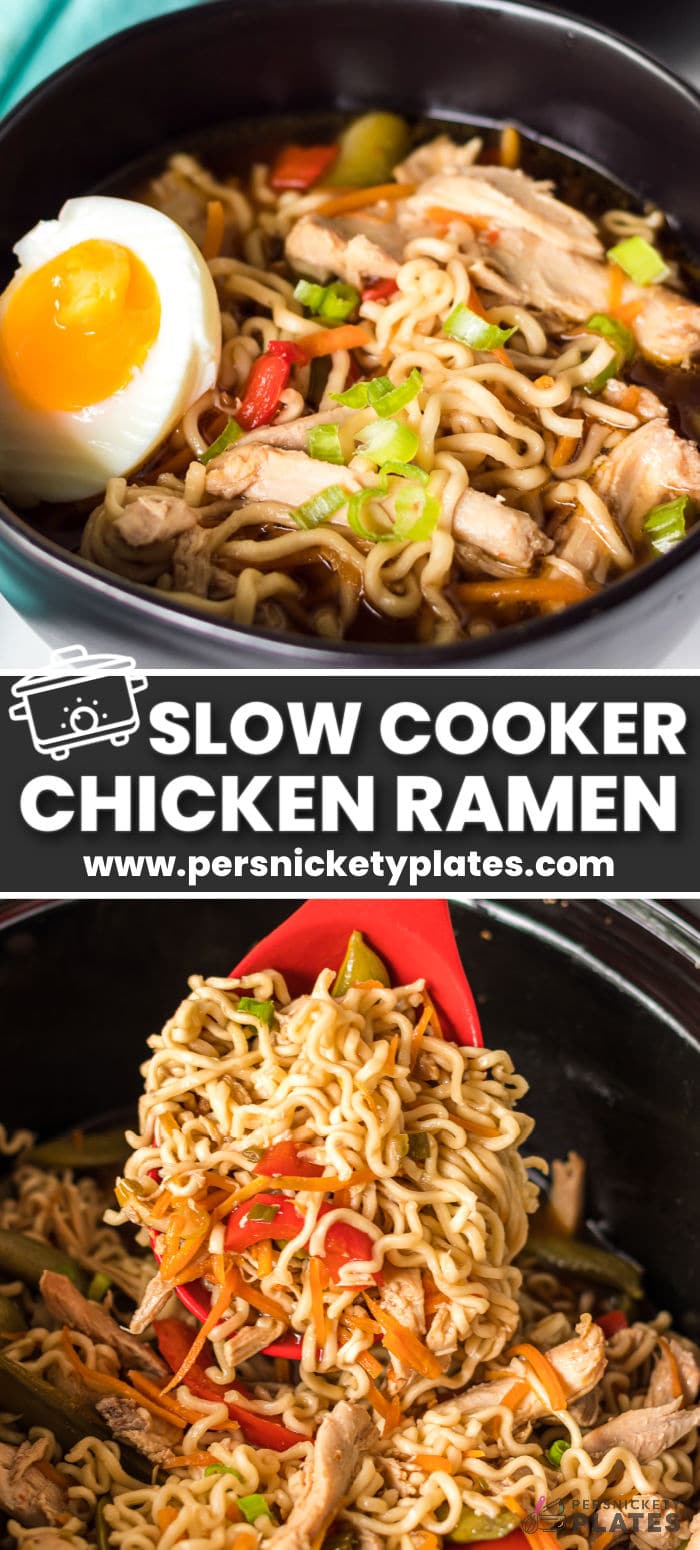 Slow Cooker Chicken Ramen is a light, yet hearty noodle dish made in the crockpot using budget-friendly ingredients and a ton of flavor! It's made with slurpy noodles, chicken, veggies, and a sweet and savory broth that comes together with just 10 minutes of prep time! | www.persnicketyplates.com