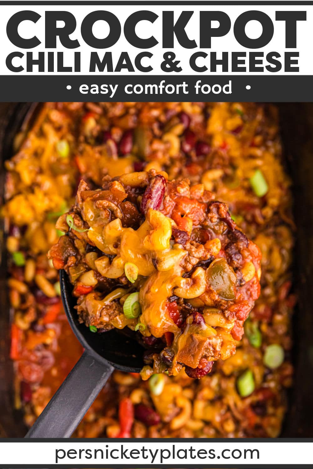This easy slow cooker chili mac and cheese has everything you love about two classic comfort dishes! Loads of beefy chili, tender noodles and melted cheese, coated in a rich, flavorful tomato sauce. It’s easy to make in the crockpot and the perfect meal to come home to! | www.persnicketyplates.com