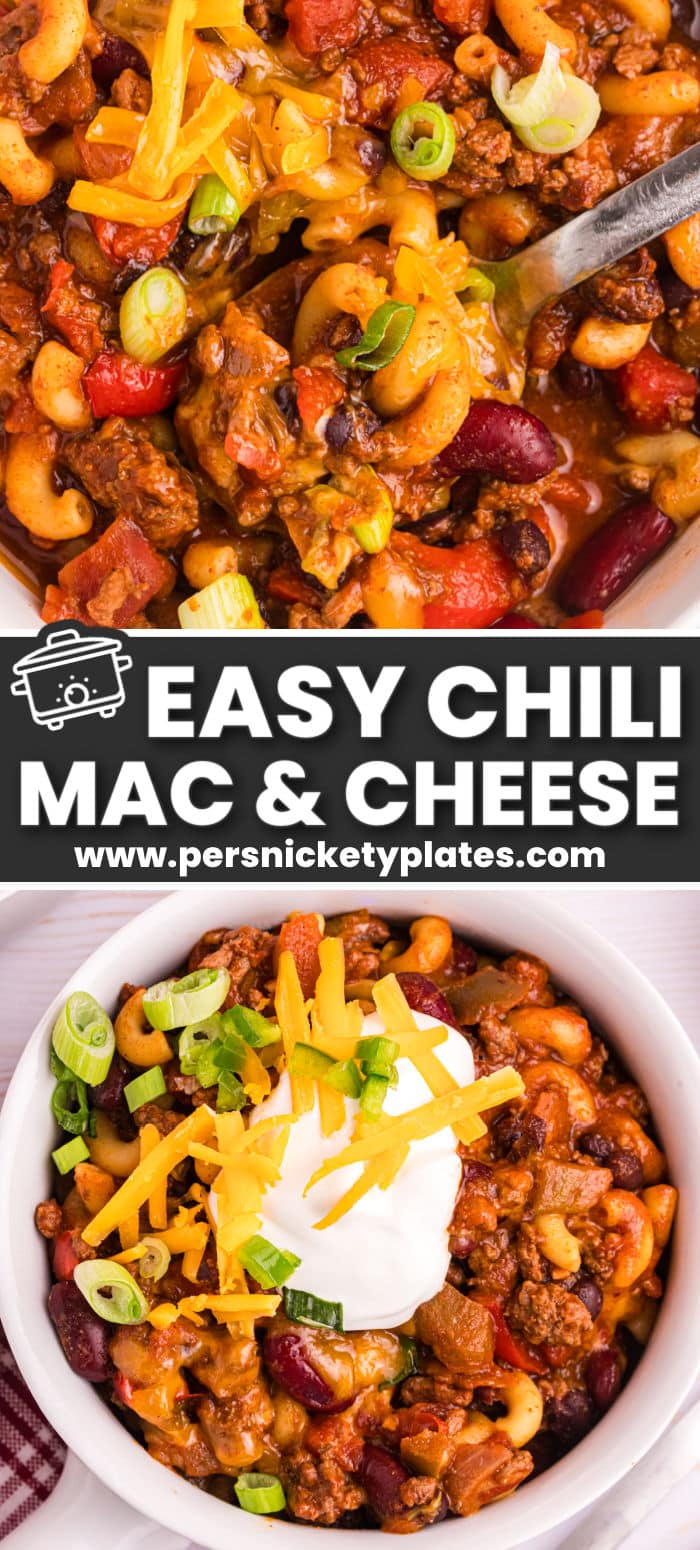 This easy slow cooker chili mac and cheese has everything you love about two classic comfort dishes! Loads of beefy chili, tender noodles and melted cheese, coated in a rich, flavorful tomato sauce. It’s easy to make in the crockpot and the perfect meal to come home to! | www.persnicketyplates.com