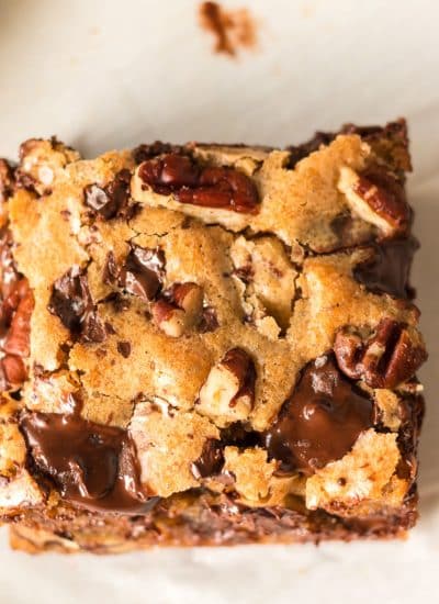 overhead shot of a salted chocolate chip cookie bar.
