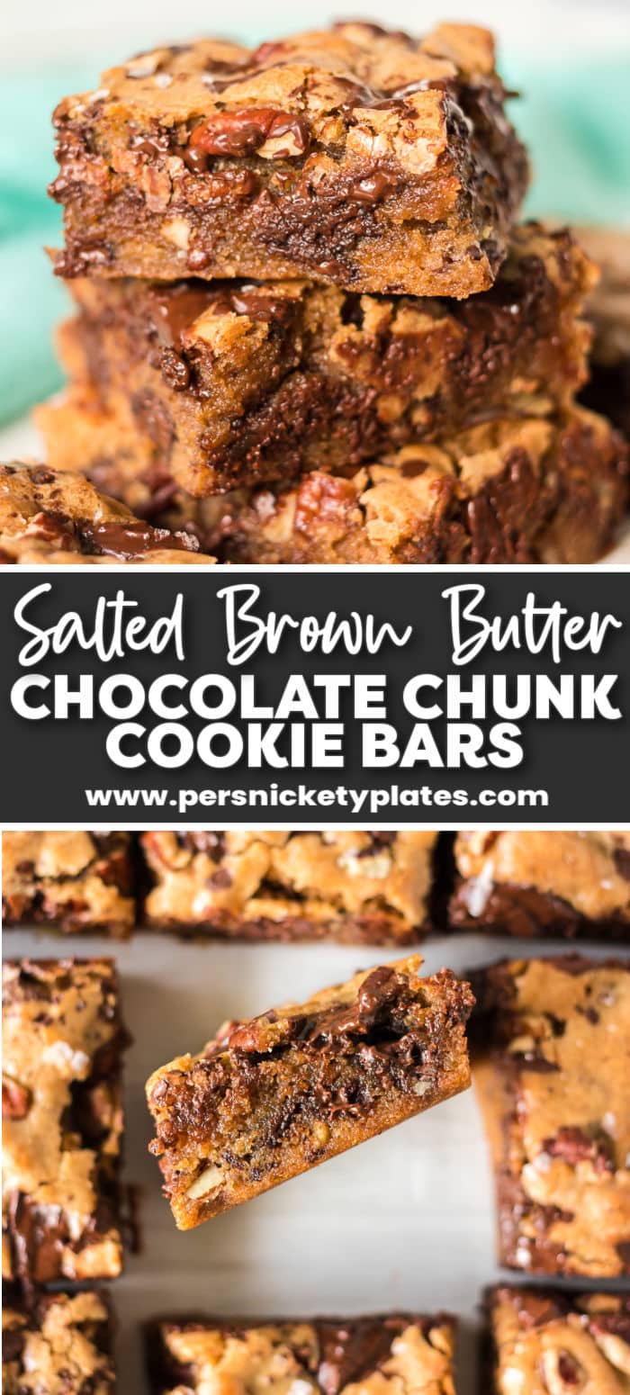 Irresistible brown butter chocolate chip cookie bars are a thick, chewy, and decadent bite of heaven! Made with simple pantry staples like brown sugar, chocolate chips, and pecans along with aromatic brown butter, and a sprinkle of salt at the end to bring it over the top! The entire batch is ready in 40 minutes which is more than the time it takes to devour them all! | www.persnicketyplates.com