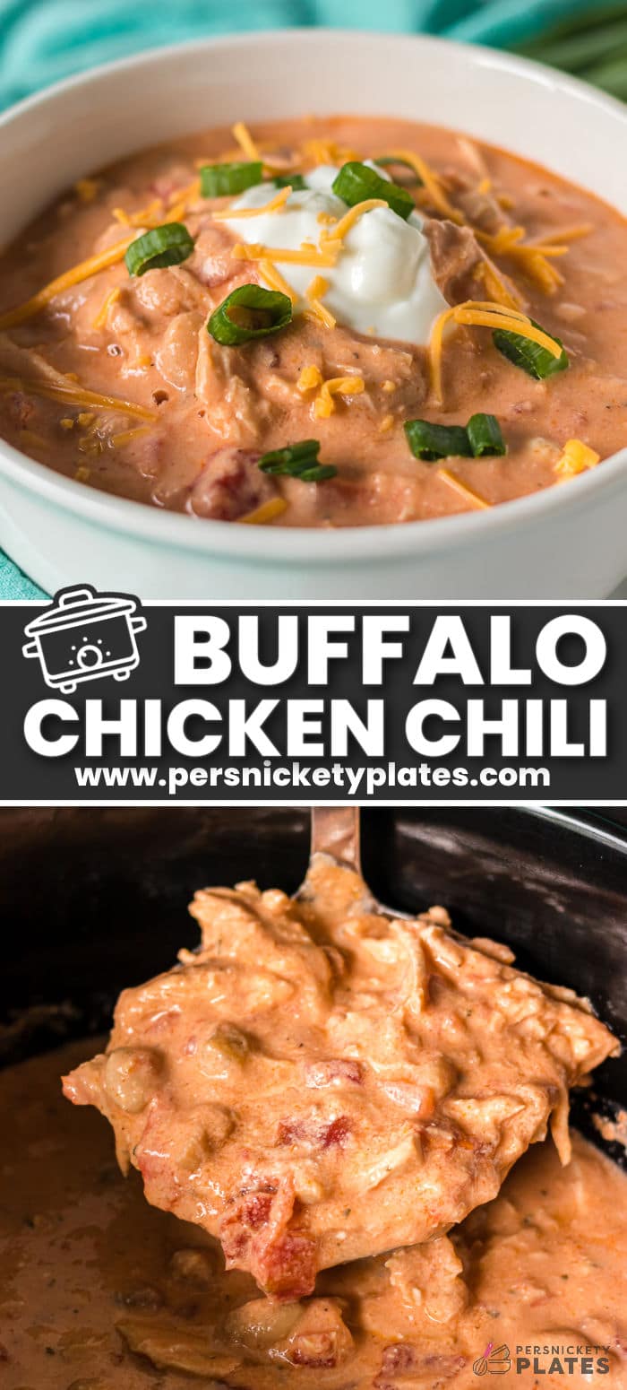 Slow Cooker Buffalo Chicken Chili is everything you love about Buffalo Wings in the form of a cozy bowl of flavorful chili! Complete with tender shredded chicken, tangy Buffalo sauce, ranch seasoning, tomatoes with green chiles, and cream cheese, this buffalo chicken chili recipe has it all. No wonder it's always a crowd favorite! | www.persnicketyplates.com