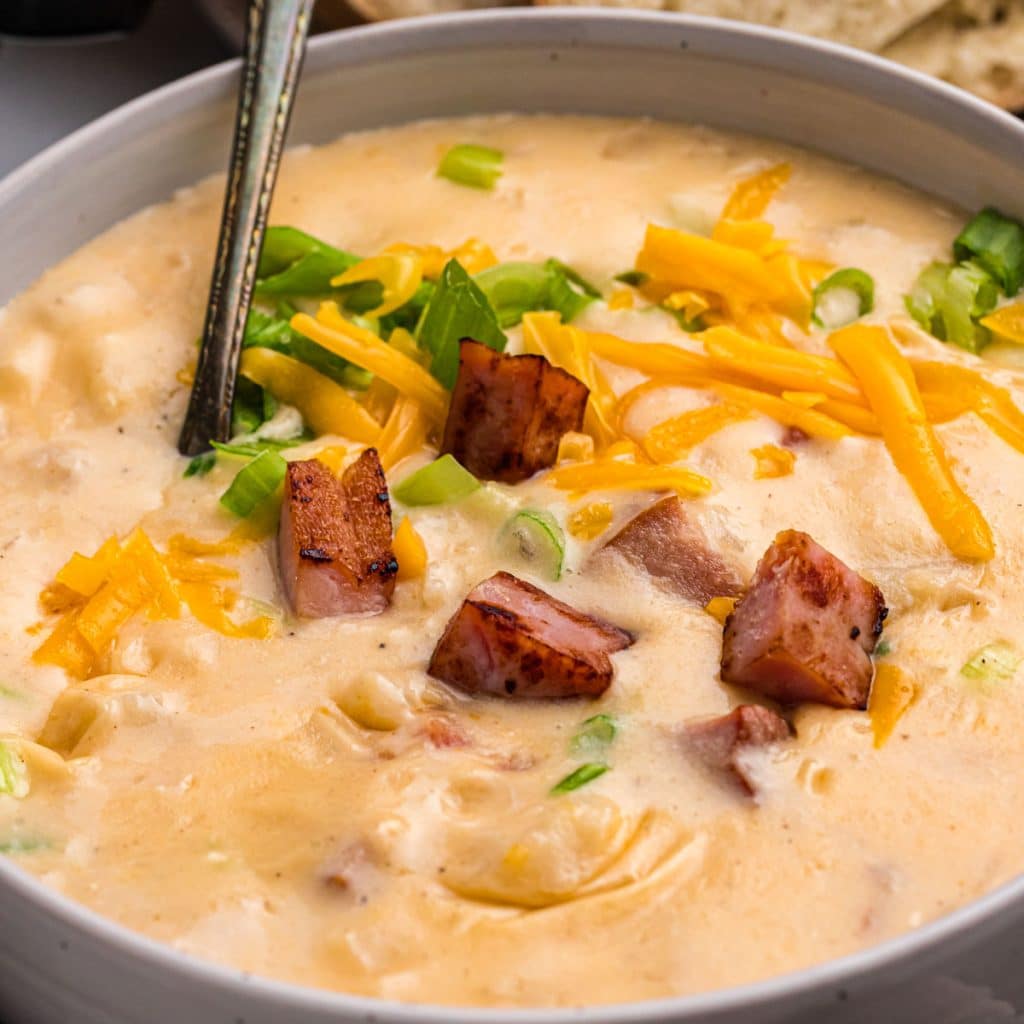 bowl of cheesy potato soup topped with cheese, ham, and scallions.