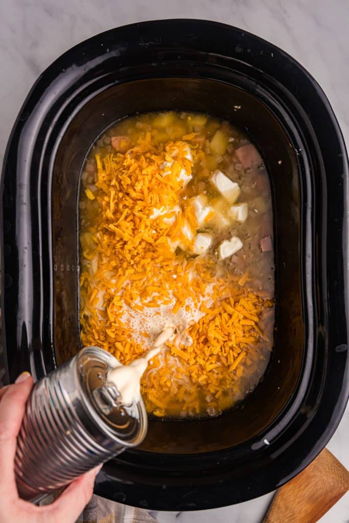 can of evaporated milk pouring into a crockpot.
