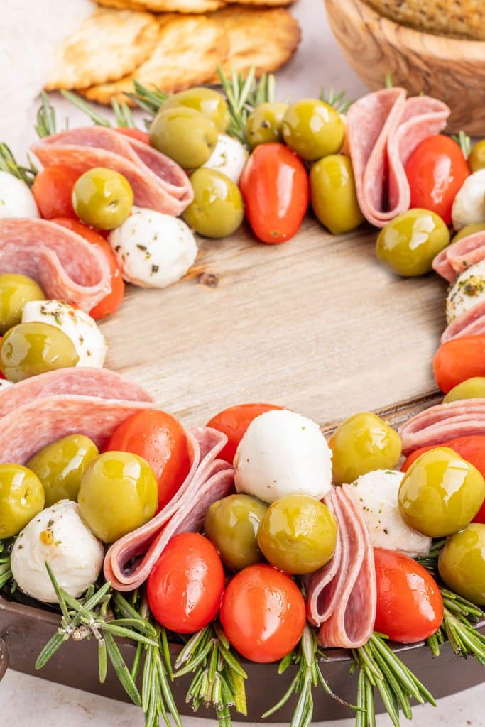 side view of an antipasto platter in the shape of a wreath.