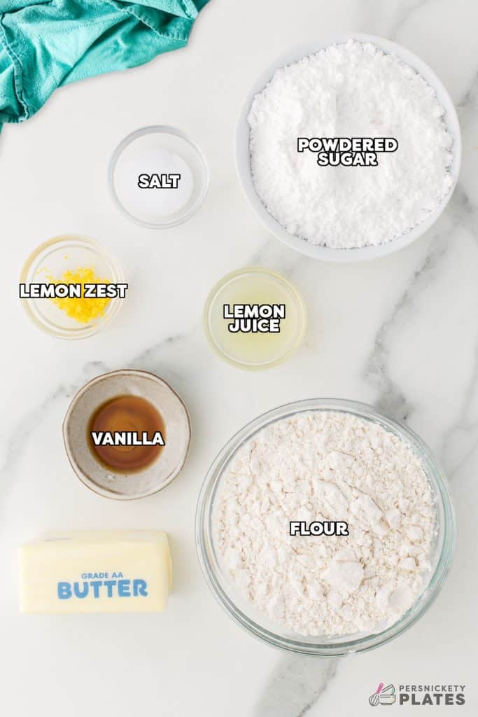 overhead shot of labeled ingredients laid out to make copycat savannah smiles cookies.