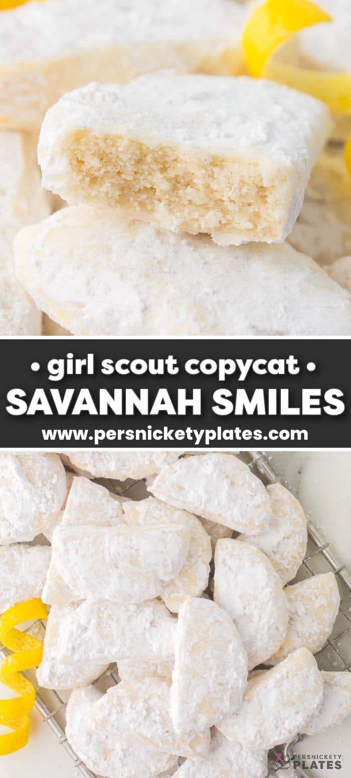 These copycat Savannah smiles are my take on the original Girl Scout cookie recipe made with simple ingredients and ready in under 30 minutes! These crisp, buttery, sweet, and lemon-infused cookies are coated in powdered sugar, making them as irresistible as you'd imagine. One bite and you'll see why these are such a hit! | www.persnicketyplates.com
