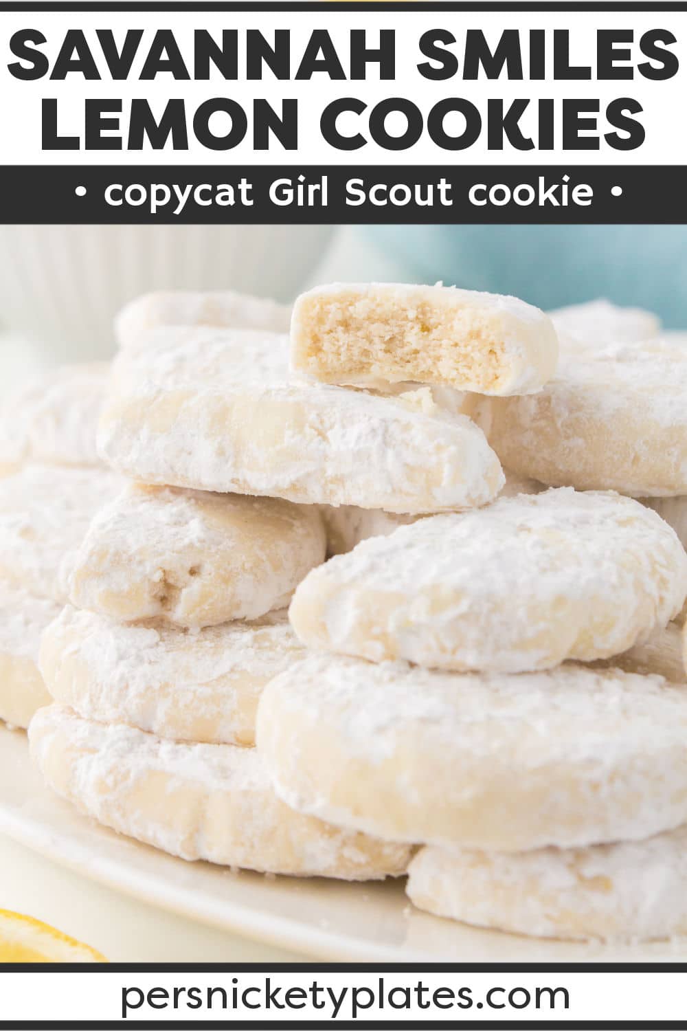 These copycat Savannah smiles are my take on the original Girl Scout cookie recipe made with simple ingredients and ready in under 30 minutes! These crisp, buttery, sweet, and lemon-infused cookies are coated in powdered sugar, making them as irresistible as you'd imagine. One bite and you'll see why these are such a hit! | www.persnicketyplates.com