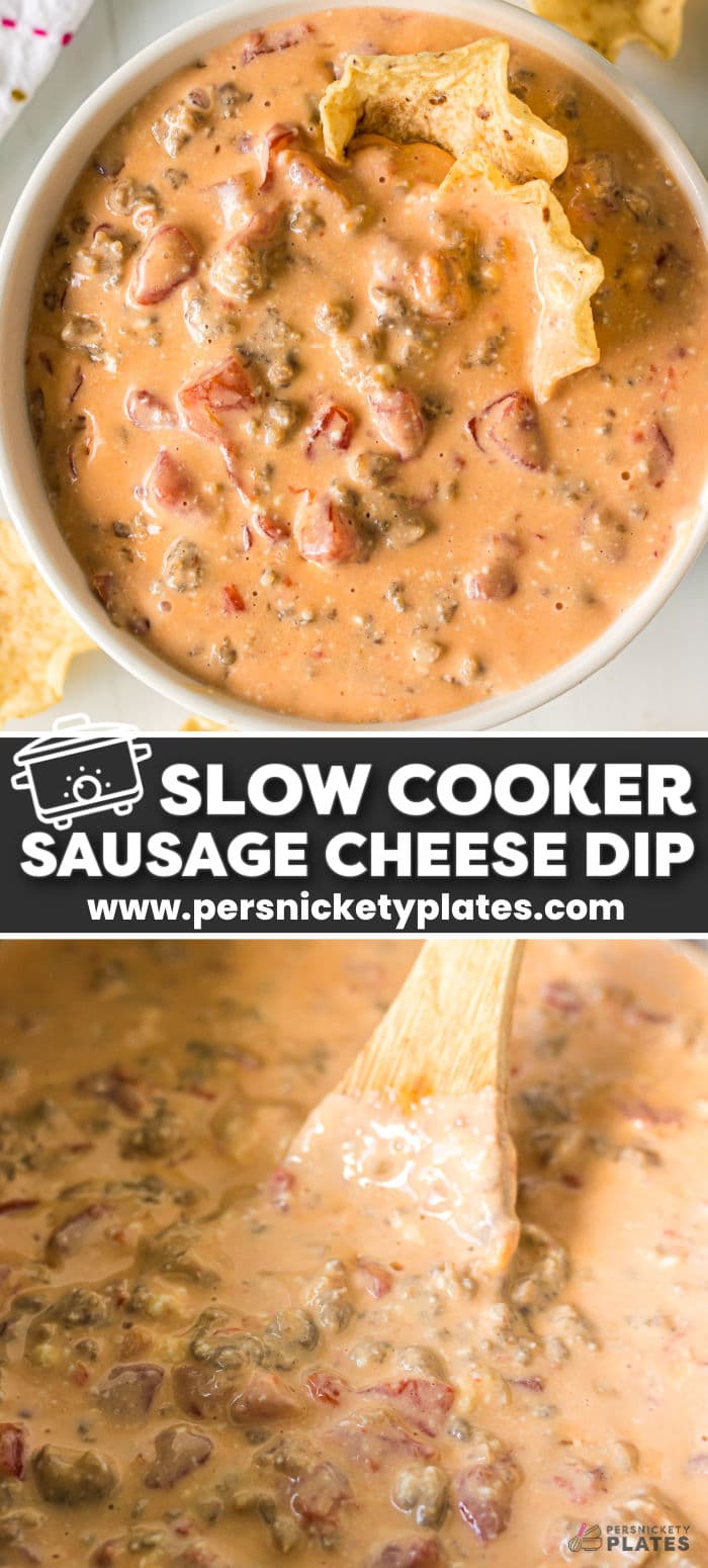 Slow Cooker Sausage Cheese Dip is a warm cheesy dip made with Velveeta and cream cheese and loaded with crumbled sausage, tomatoes, and green chiles. Once the meat is cooked, it's a dump-and-set recipe that you can make as mild or as spicy as you'd like. Serve it with your favorite dippers and this crockpot dip will have everyone asking for more!  | www.persnicketyplates.com