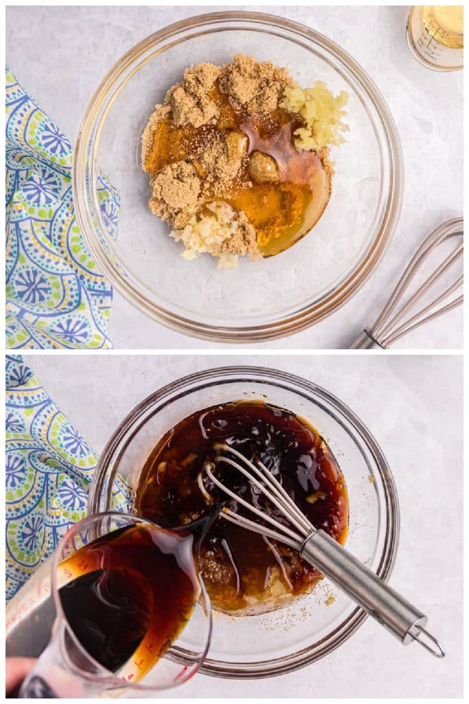collage of two photos showing the process of making teriyaki sauce in mixing bowls.
