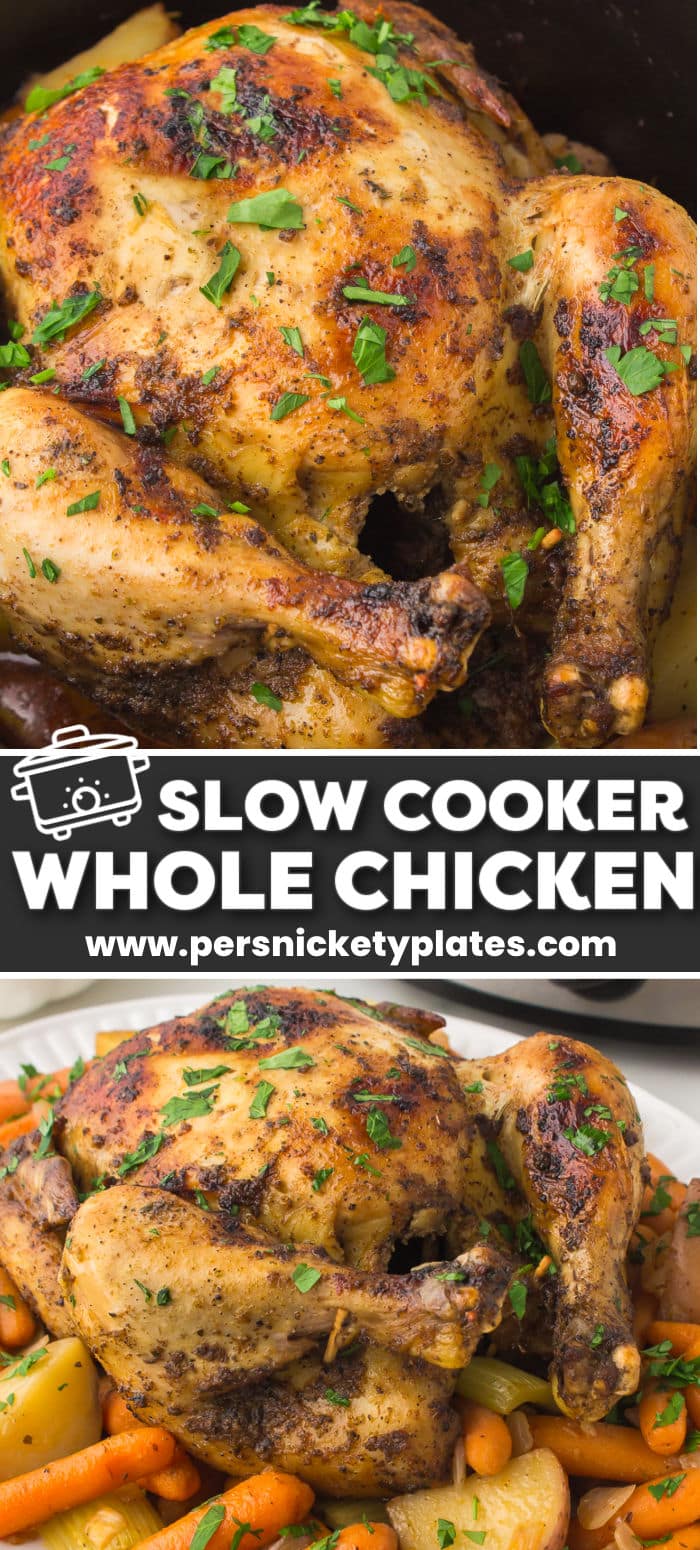 Make this easy slow cooker whole chicken when you want a complete dinner ready at the end of your day with very little effort. Tender, juicy whole chicken is seasoned to perfection and then cooked low and slow in the crock pot with chunky veggies that absorb all of those flavorful juices. Plus, you have the option of broiling it for crispy skin and making gravy from the drippings. This complete meal is one your whole family will love! | www.persnicketyplates.com