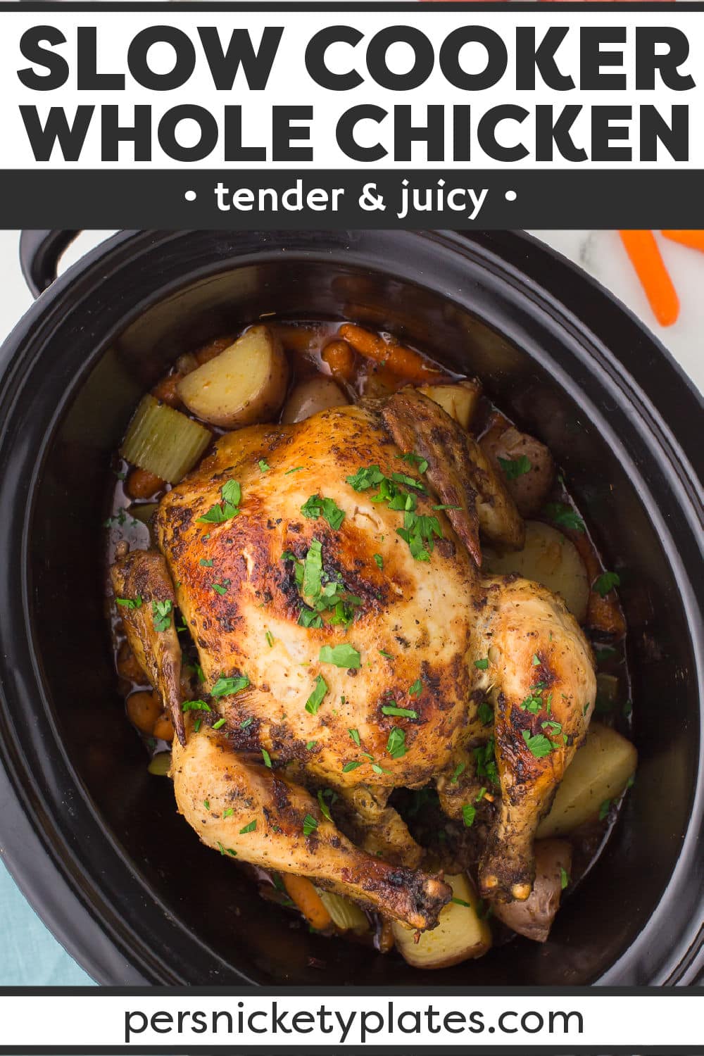 Make this easy slow cooker whole chicken when you want a complete dinner ready at the end of your day with very little effort. Tender, juicy whole chicken is seasoned to perfection and then cooked low and slow in the crock pot with chunky veggies that absorb all of those flavorful juices. Plus, you have the option of broiling it for crispy skin and making gravy from the drippings. This complete meal is one your whole family will love! | www.persnicketyplates.com