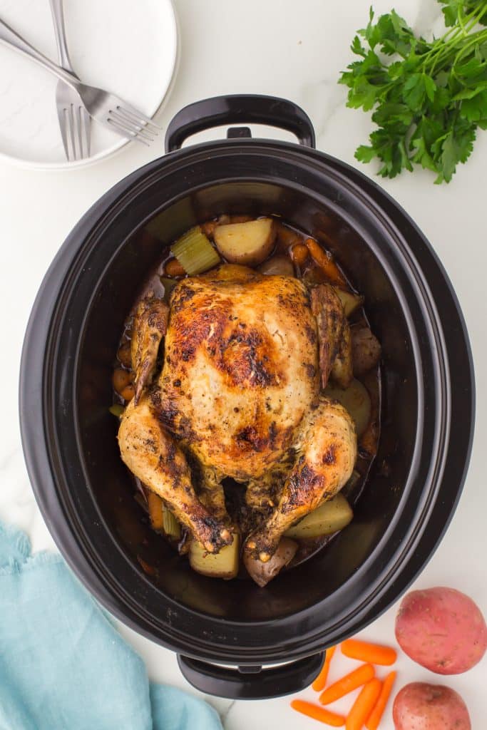 overhead shot of whole chicken in a slow cooker.