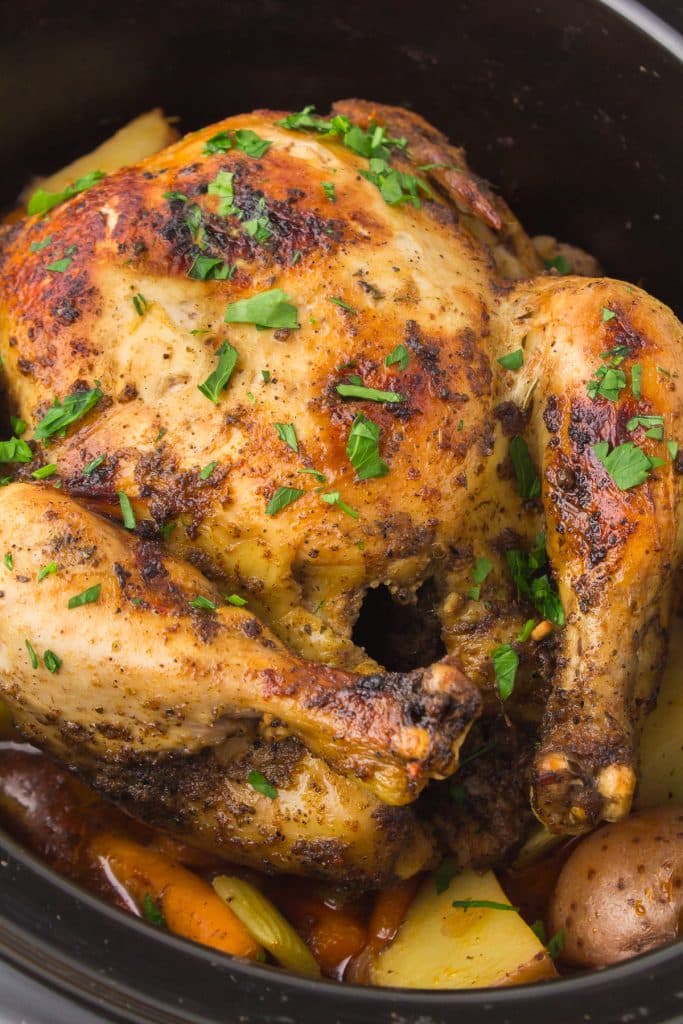 closeup of a whole chicken in a slow cooker.