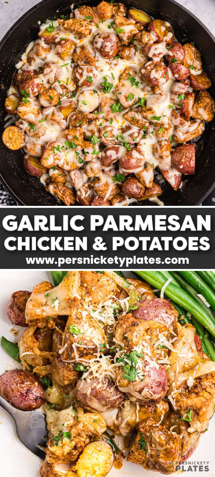 One skillet, one meal! This 35-minute garlic parmesan chicken and potatoes makes dinner a breeze. Chunks of seasoned chicken and tender potatoes, smothered in a creamy garlic parmesan wing sauce served with melted cheese on top!  All you need is a veggie side and dinner is served! | www.persnicketyplates.com