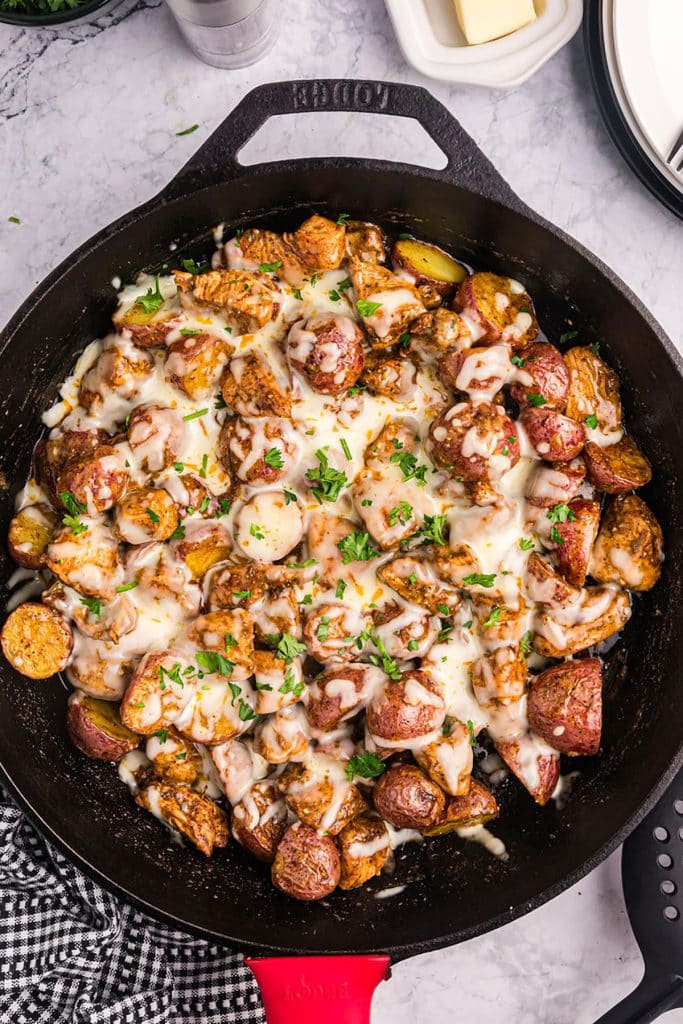 overhead shot of chicken & potato skillet topped with cheese.