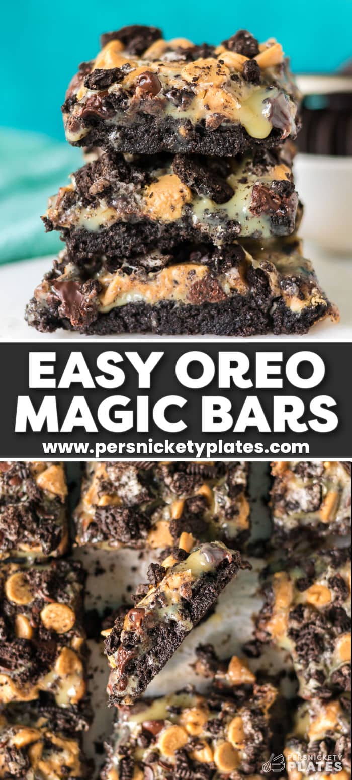 Oreo magic bars are crave-worthy and irresistible dessert bars that are made with an Oreo cookie crust, melty chocolate and peanut butter chips then topped with Oreo cookie pieces. It's all held together with sweetened condensed milk that makes these bars ooey, gooey, and always a hit. They are easy to make with just 5 ingredients and it's all baked in under 30 minutes! | www.persnicketyplates.com