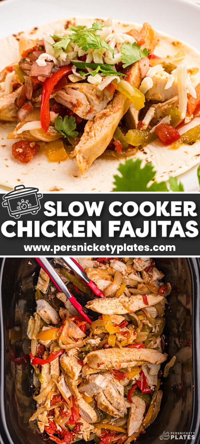 Recreate your favorite Mexican restaurant meal right at home! Slow cooker chicken fajitas are a hearty and satisfying meal that everyone will love, especially when there are plenty of toppings to choose from! This recipe easily feeds six people, so it's a great family-style dinner idea. | www.persnicketyplates.com