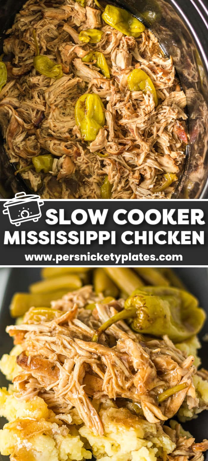 This recipe is the chicken version of the classic Mississippi pot roast. We're replacing chuck roast with chicken breasts for a lighter, yet just as flavorful twist! Slow cooker Mississippi chicken is made with au jus mix, ranch seasoning, butter, and those signature pepperoncini. Cooked low and slow until the flavors come together for pure comfort food! | www.persnicketyplates.com