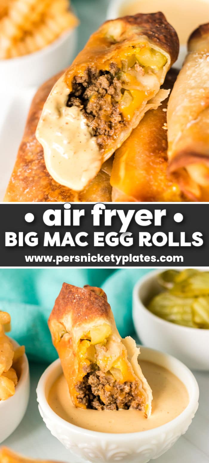 Iconic Big Mac flavors wrapped in crispy egg roll wrappers - these Big Mac egg rolls are easy to make in your air fryer and are the perfect lunch, dinner, or appetizer without the extra calories! | www.persnicketyplates.com