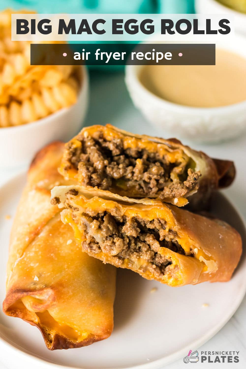 Iconic Big Mac flavors wrapped in crispy egg roll wrappers - these Big Mac egg rolls are easy to make in your air fryer and are the perfect lunch, dinner, or appetizer without the extra calories! | www.persnicketyplates.com