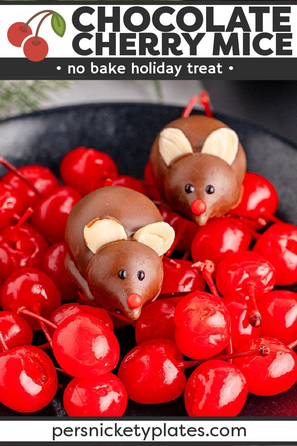 These edible chocolate-covered cherry mice are made with a maraschino cherry dipped in melted chocolate. We use a Hershey's Kiss for the face, almond slices for the ears, and icing and sprinkles for the eyes and the nose. These fun little treats will make a whimsical addition to this year's holiday celebrations! | www.persnicketyplates.com