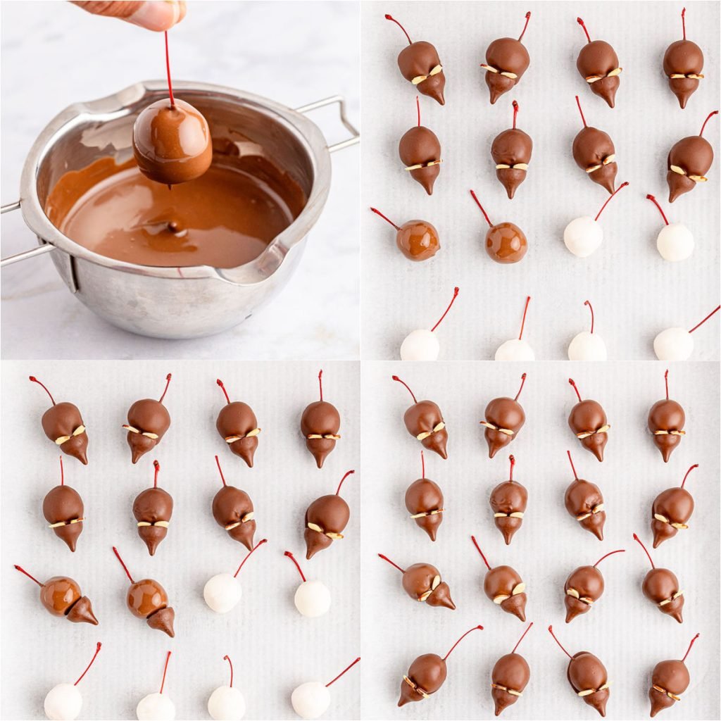 collage of 4 photos showing the process of dipping cherries in chocolate and making candy mice.