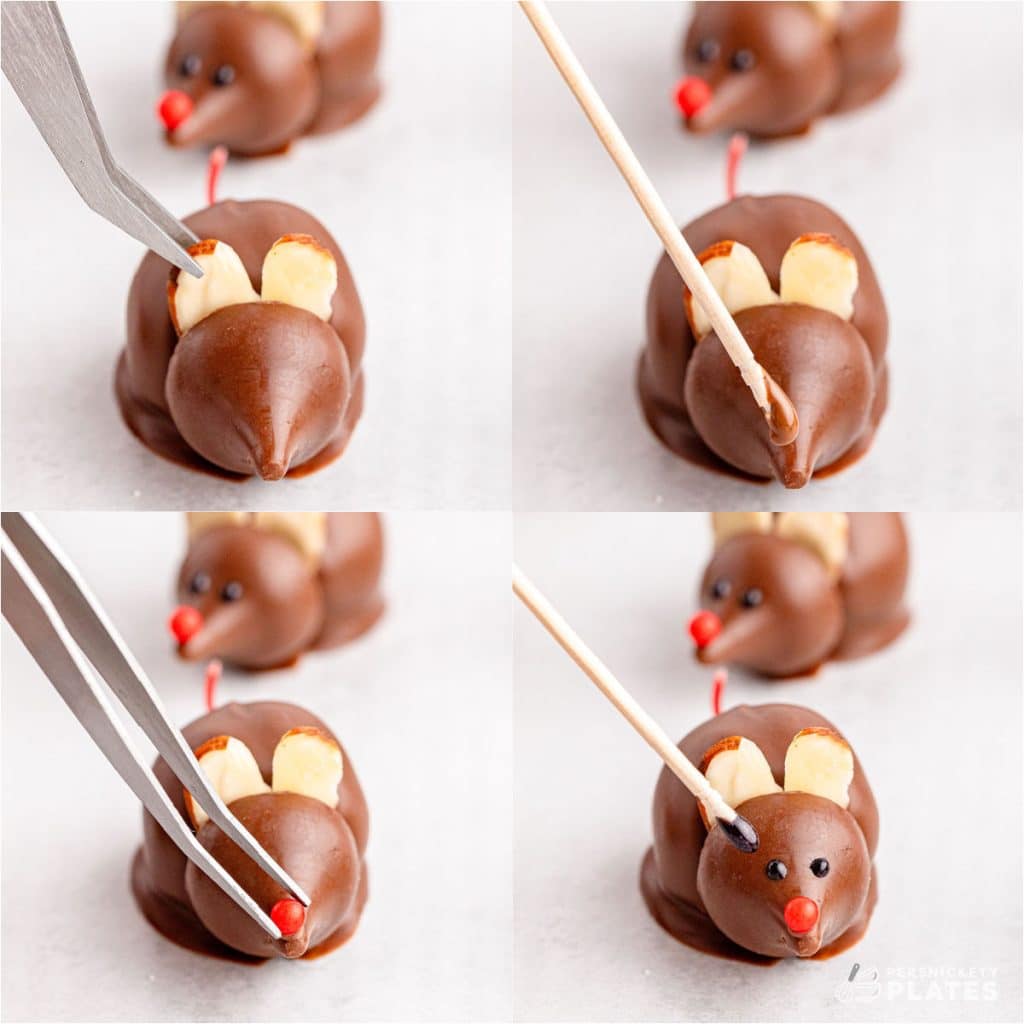 collage of 4 photos showing the process of making a face on a chocolate covered cherry mouse.