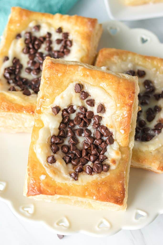 chocolate chip cream cheese danishes on a plate.