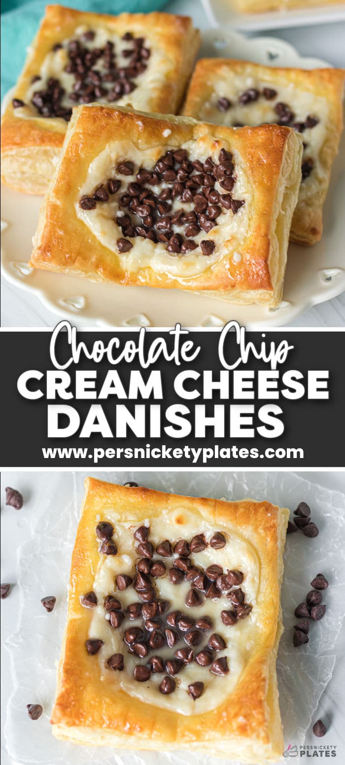 These easy Chocolate Chip Cream Cheese Danishes made with puff pastry are the perfect combination of flaky, buttery crust with a luscious cream cheese filling topped with gooey chocolate chips and a simple glaze. Ideal for breakfast on the go, as an afternoon snack, or as a dessert for your weekend brunch table. | www.persnicketyplates.com