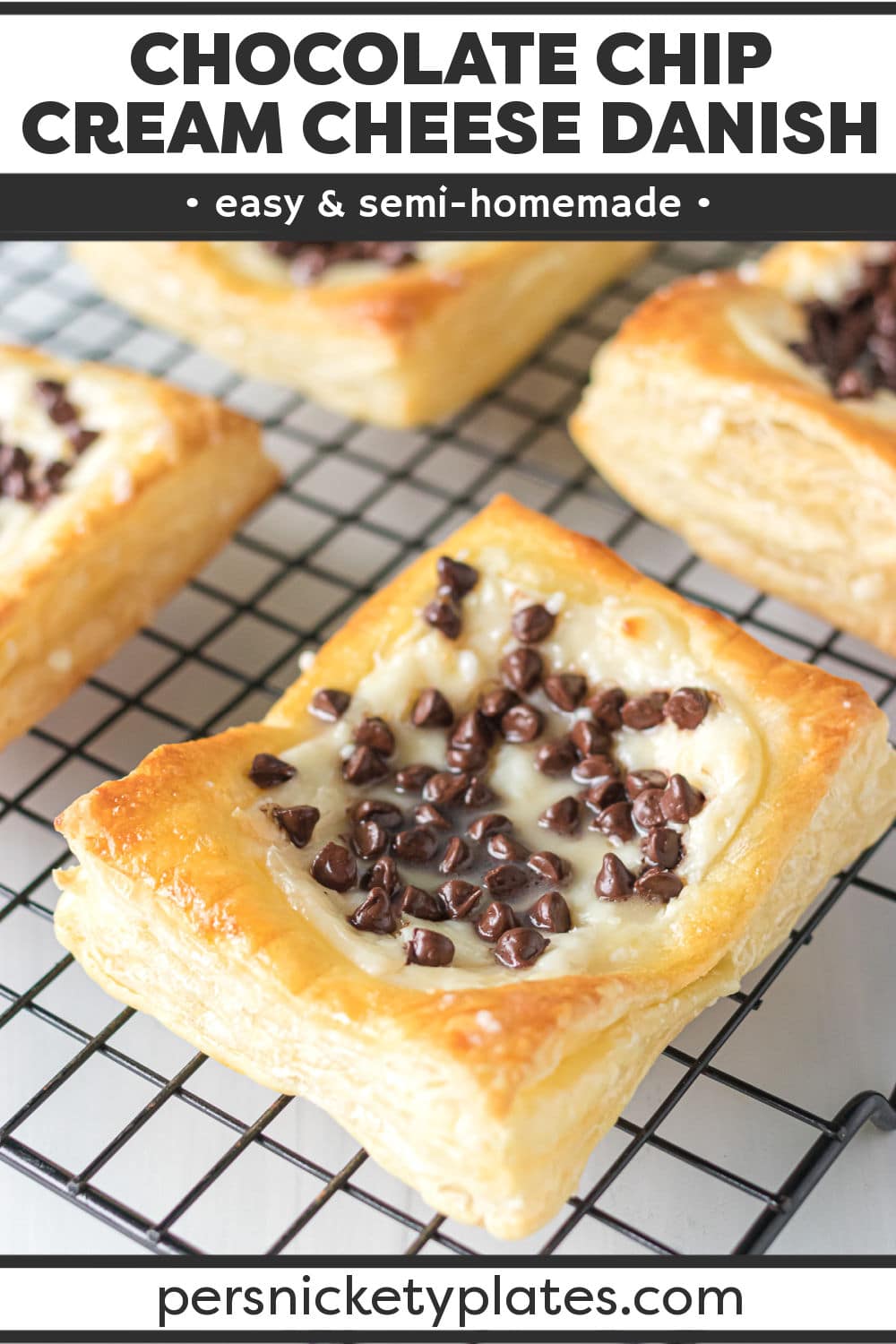 These easy Chocolate Chip Cream Cheese Danishes made with puff pastry are the perfect combination of flaky, buttery crust with a luscious cream cheese filling topped with gooey chocolate chips and a simple glaze. Ideal for breakfast on the go, as an afternoon snack, or as a dessert for your weekend brunch table. | www.persnicketyplates.com