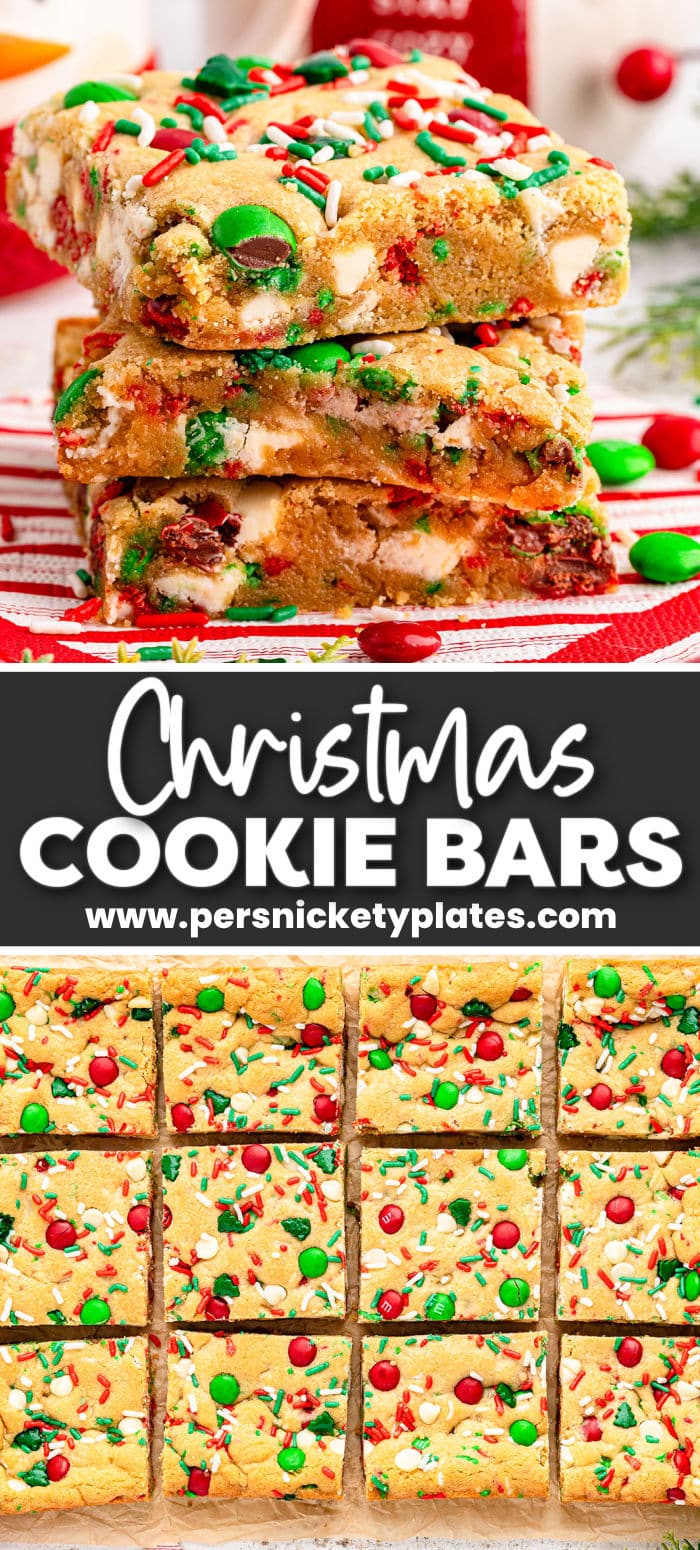So much faster than drop cookies and just as festive, these tasty and decadent Christmas cookie bars have a chewy cookie base and are loaded with festive M&Ms and white chocolate chips. They are a must-make during the busy holiday season! | www.persnicketyplates.com