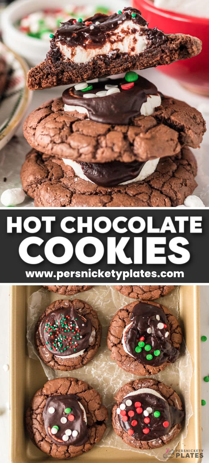 If hot cocoa with marshmallows is your definition of happiness, then you’ll love hot chocolate cookies! Every layer comes together to taste just like your favorite hot drink. A soft and chewy chocolate cookie is topped with marshmallow and chocolate frosting with sprinkles. | www.persnicketyplates.com