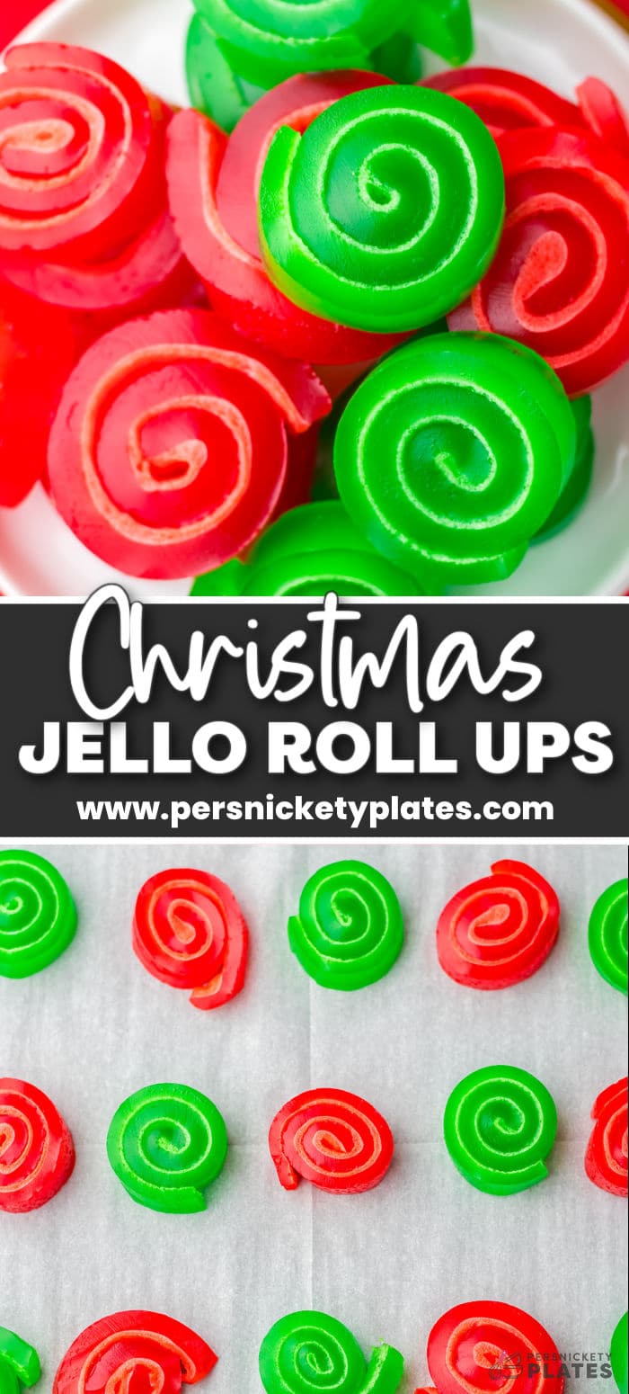 Bright red and green Christmas jello roll ups are the perfect Christmas treats for adults and kids. Everyone loves their sweet taste and super-fun texture. | www.persnicketyplates.com