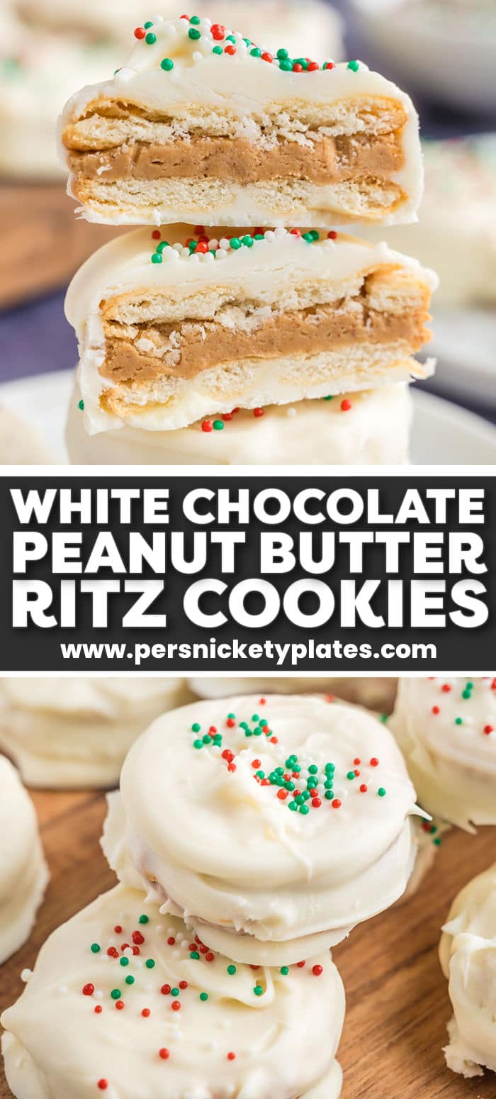 These no-bake Ritz cracker cookies have the perfect combination of sweet and salty flavors. Sweet peanut butter filling is sandwiched between two crispy salty Ritz crackers and then dipped in melted white chocolate and coated with sprinkles! They're light and crispy, salty, sweet, and fun for the whole family to enjoy throughout the holiday season! | www.persnicketyplates.com